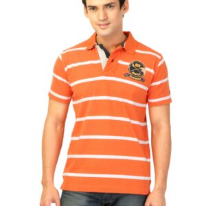 Basics Men Orange Striped Polo T-shirt