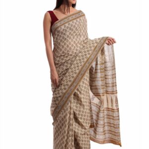 Fabindia Beige Jaipur Print Cotton Sari