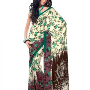 Prafful Cream & Purple Printed Sari