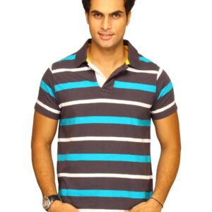 Basics Men Navy & White Striped Polo T-shirt