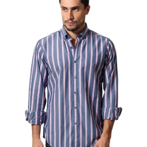 Wills Lifestyle Men Stripes Grey Shirt