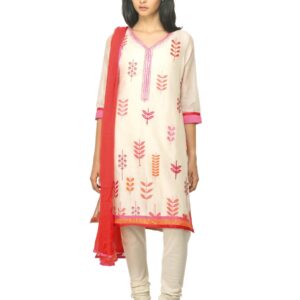 Biba Women Cream-Coloured Embroidered Churidar Kurta with Dupatta