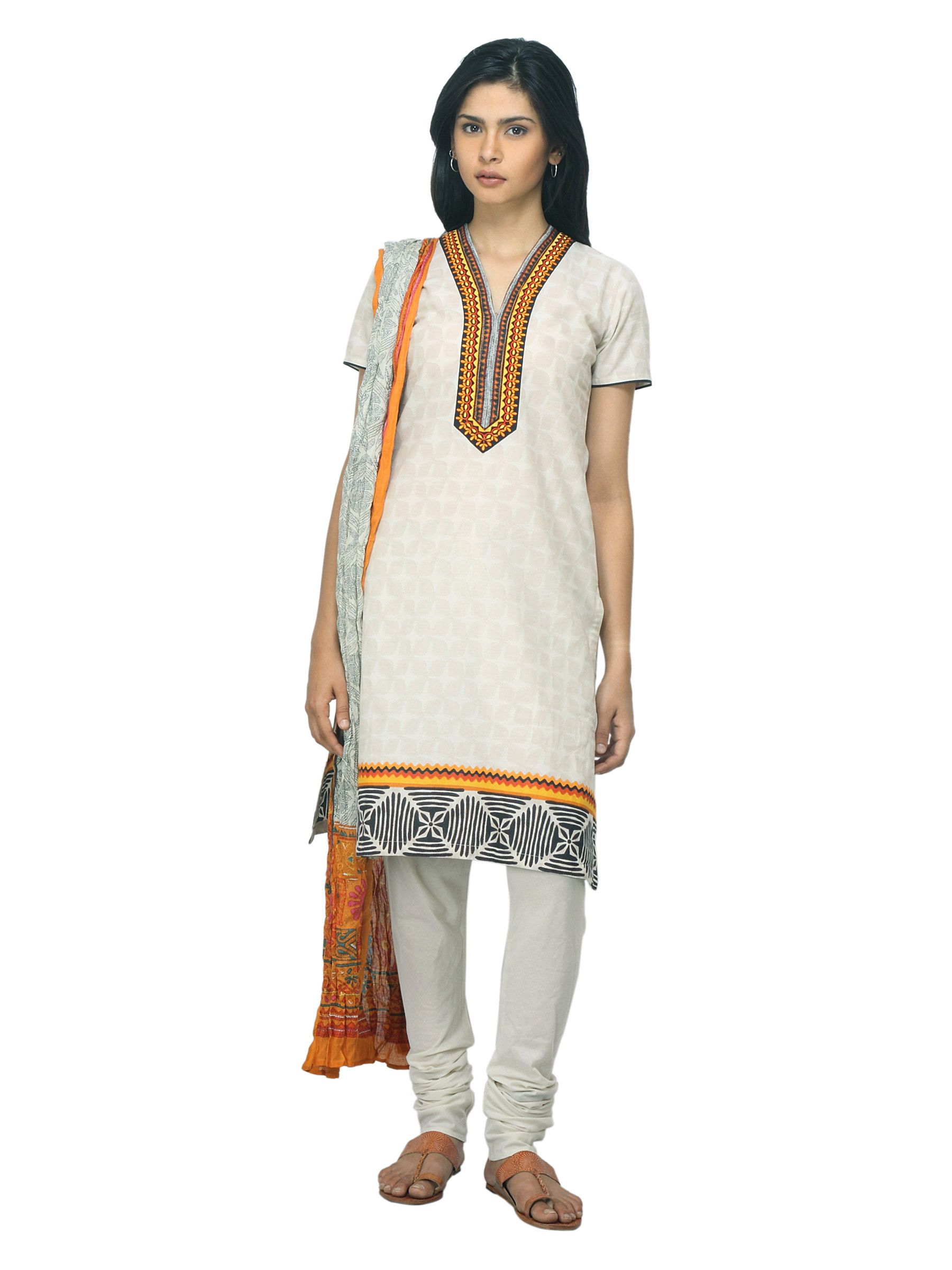 Biba Outlet Women Cream-Coloured Printed Churidar Kurta with Dupatta