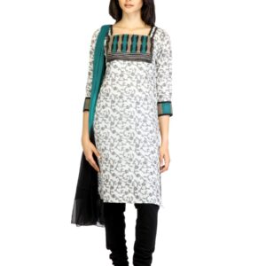 Vishudh Women White & Black Churidar Kurta with Dupatta