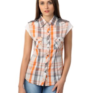 Latin Quarters Women Orange & Grey Check Shirt