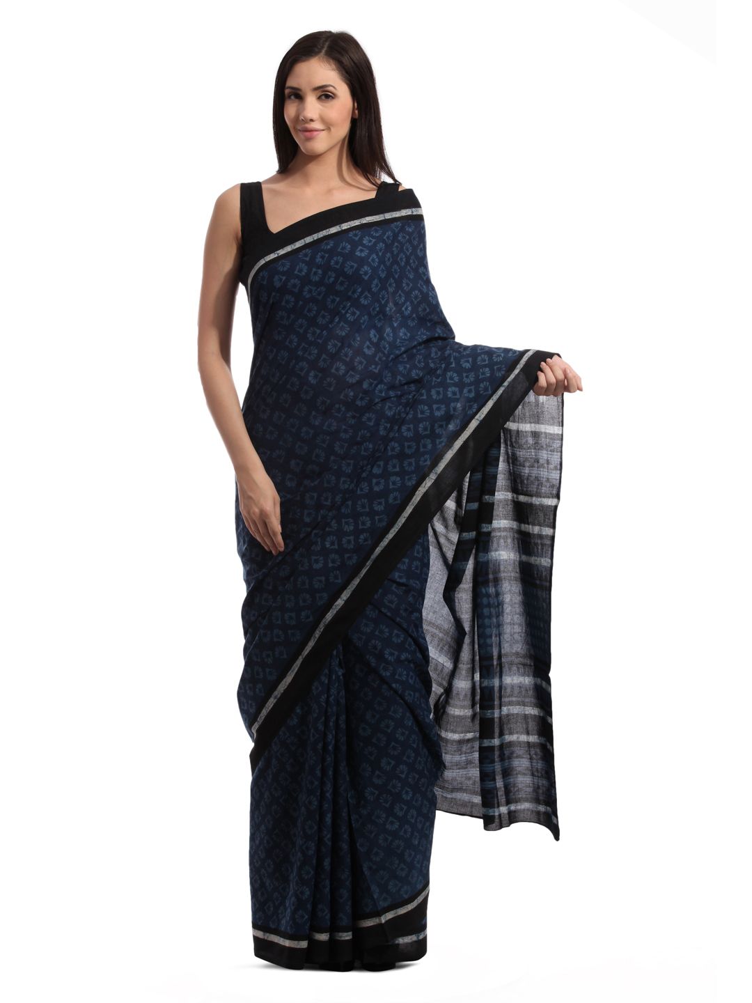Fabindia H& Printed Navy Blue Cotton Mull Sari