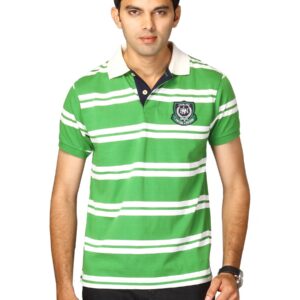 Proline Men Green & White Striped Polo T-shirt