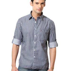 Wrangler Men Atlanta Dark Base Striped Blue Shirt