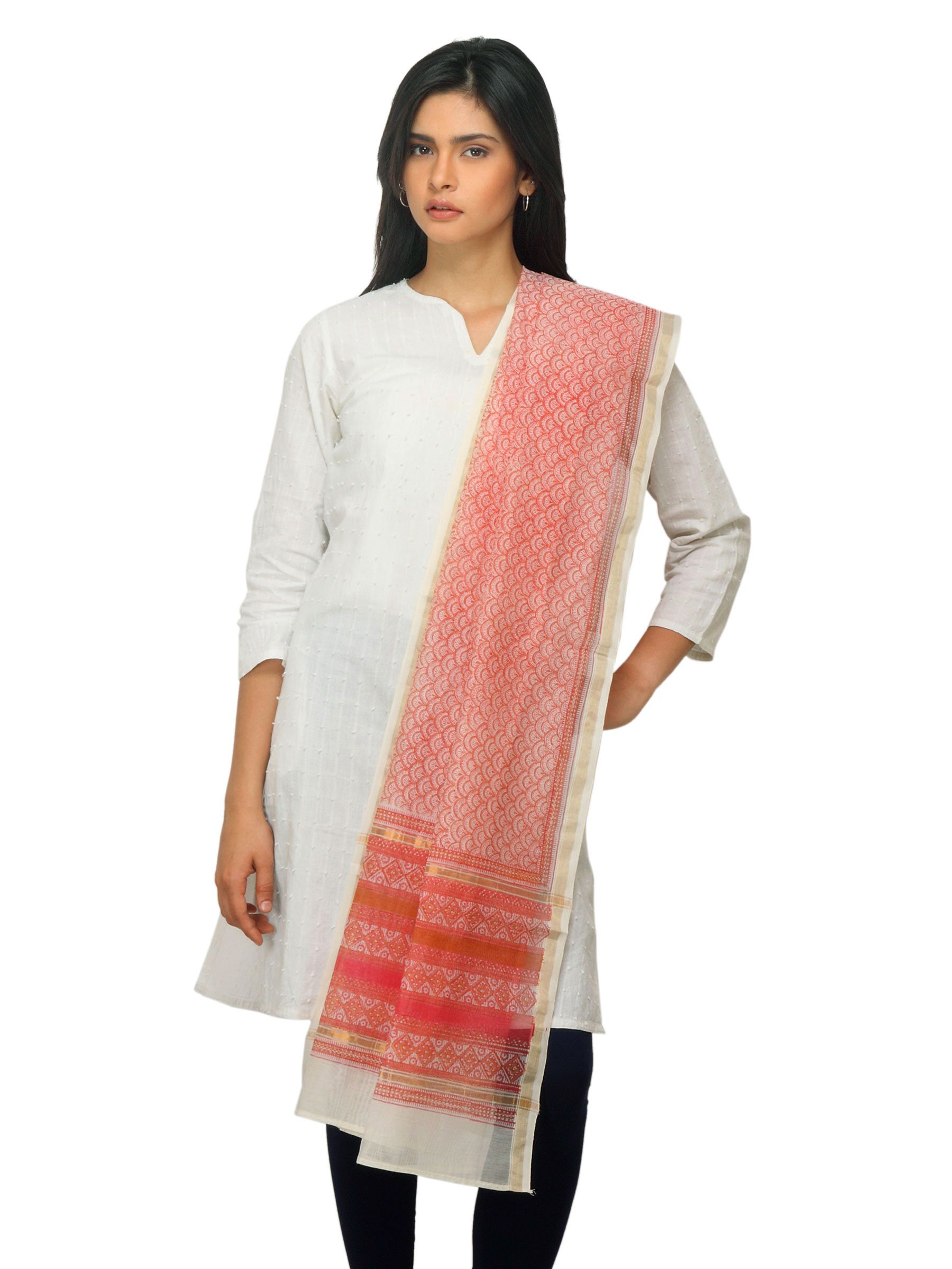 Fabindia Women Orange Chanderi Dupatta