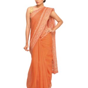 Fabindia Women Orange Cotton Silk Saree