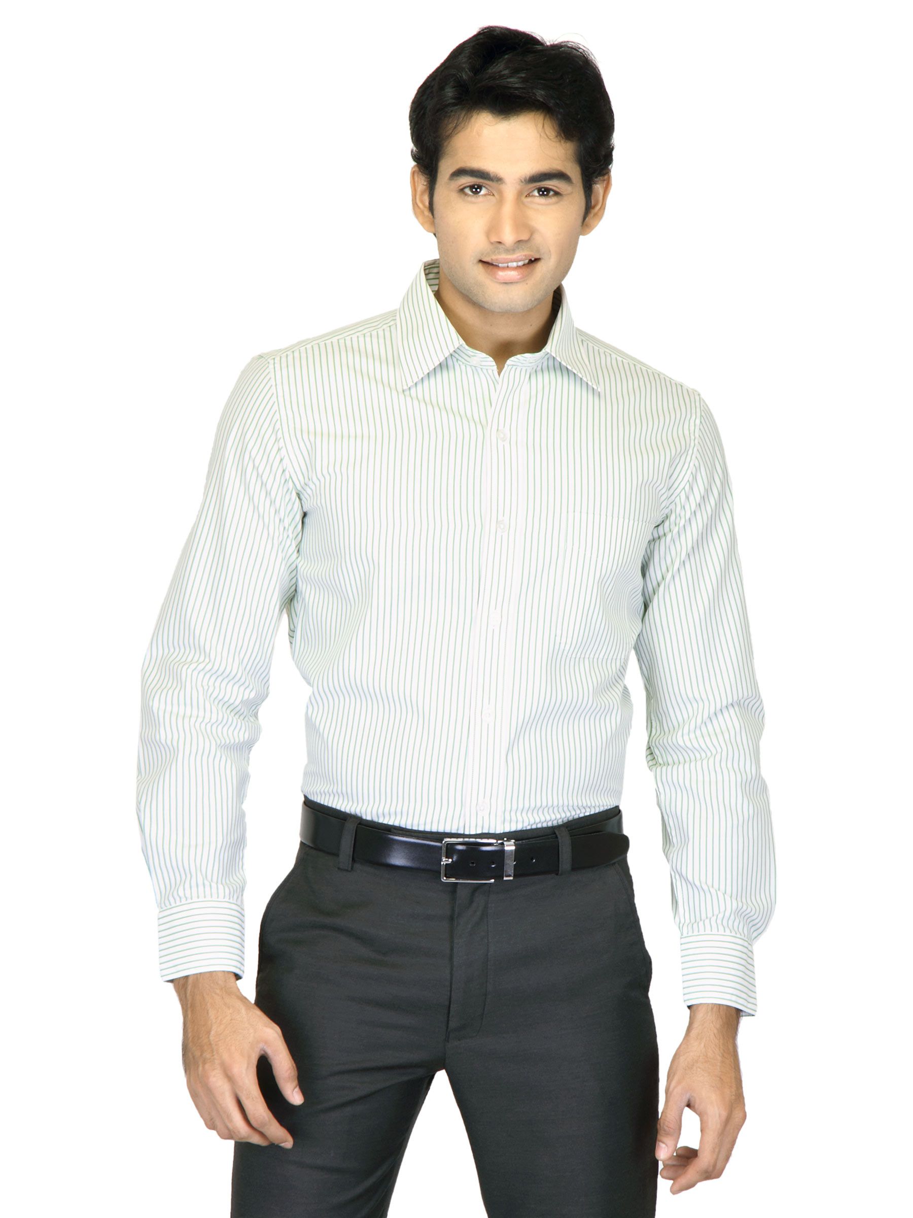 Mark Taylor Men White Green Striped Shirts
