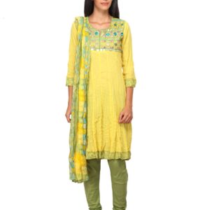 Biba Women Yellow & Green Printed Churidar Kurta with Dupatta