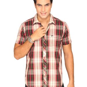 Highlander Men White Red Checked Slim Fit Shirt