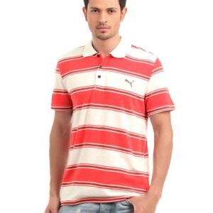 Puma Men White and Red Striped Polo neck T-shirt