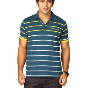 Proline Men Teal Blue Striped Polo T-shirt