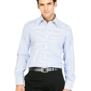 Mark Taylor Men White & Blue Striped Shirt