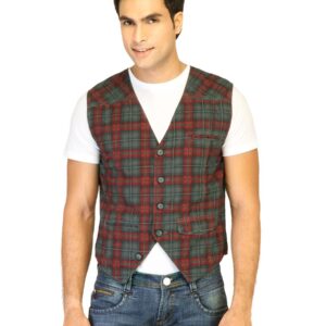 Basics Men Red Checked Waistcoat