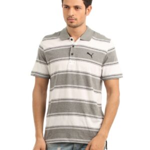 Puma Men Grey and White Striped Polo neck T-shirt