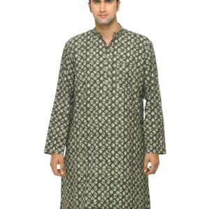 Fabindia Men Printed Olive Kurta
