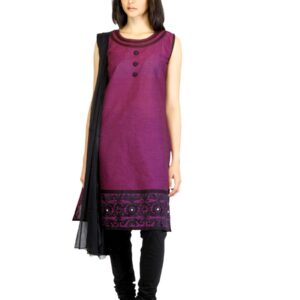 Vishudh Women Magenta & Black Churidar Kurta with Dupatta