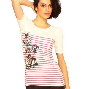 Jealous 21 Women White Flower Top Purple Stripes Top