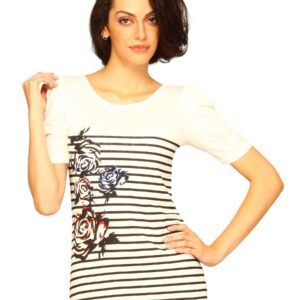Jealous 21 Women White Flower Black Stripe Top