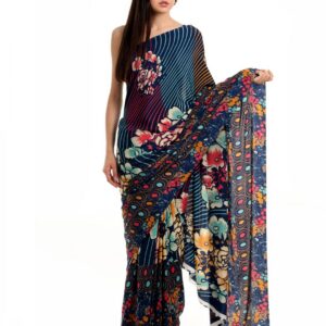 Prafful Navy Crepe Printed Saree