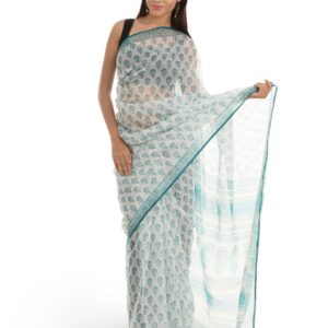 Fabindia White Hand Printed Sari