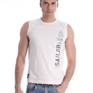 Proline Men Cream-Coloured Sleeveless T-shirt with Printed Detail