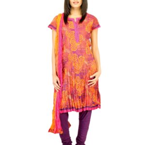 Biba Women Orange & Purple Printed Churidar Kurta with Dupatta