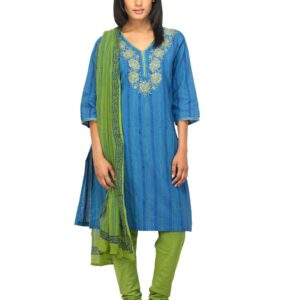 Biba Women Blue & Green Printed Churidar Kurta with Dupatta