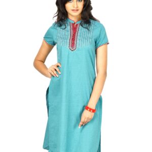 W Women Mandarin Neck-Yarn Dyed Green Kurta