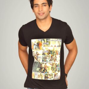 UCB Men's VNeck Shiny Print Patch Black T-shirt