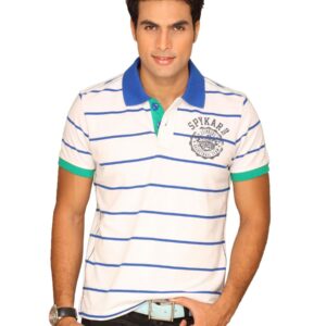 Spykar Men's Stinger Basket Ball Team White Blue Stripes T-shirt