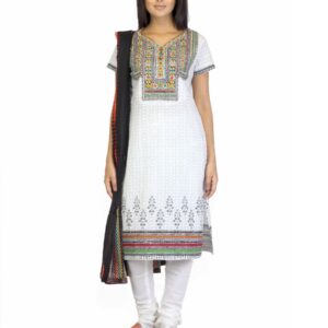 Biba Outlet Women White Printed Churidar Kurta with Dupatta