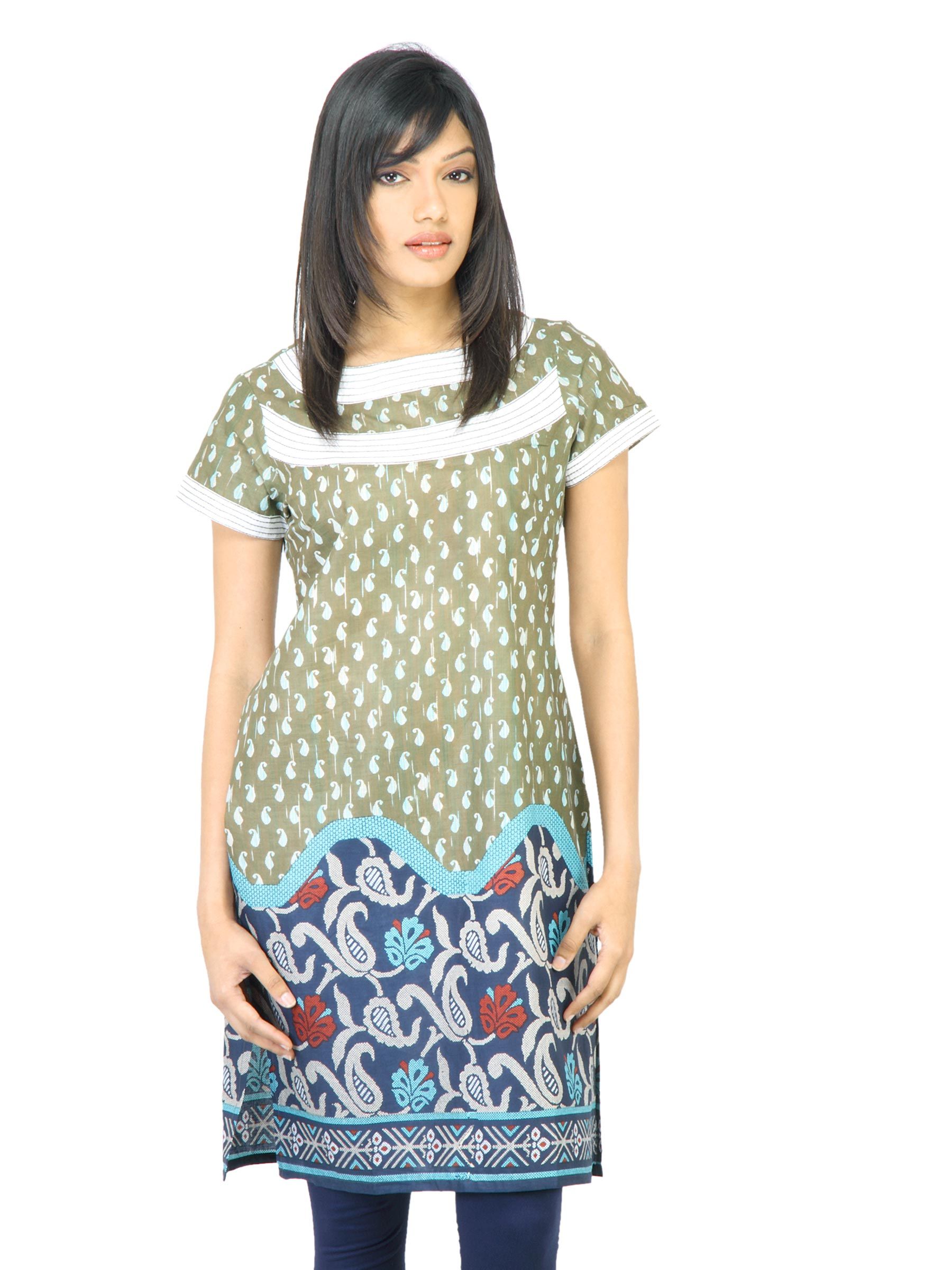 Vishudh Women Printed Olive Green Kurta