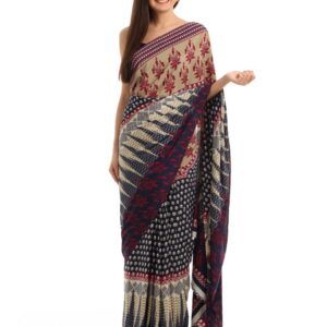 Prafful Navy Crepe Printed Saree