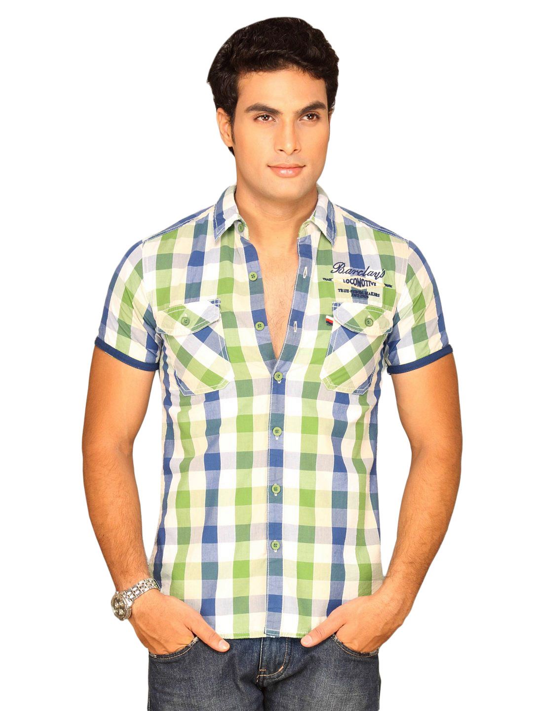 Locomotive Men Green White Blue Checked Shirt