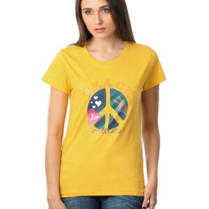 Myntra Women Peace Love Chocolate Yellow T-shirt