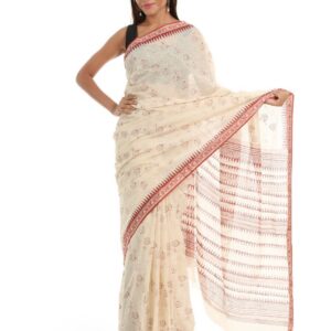 Fabindia Cream-Coloured & Red Hand Printed Saree