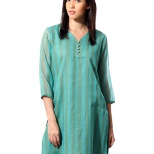 Fabindia Women Striped Green Kurta