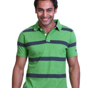 Basics Men Green Striped Polo T-shirt