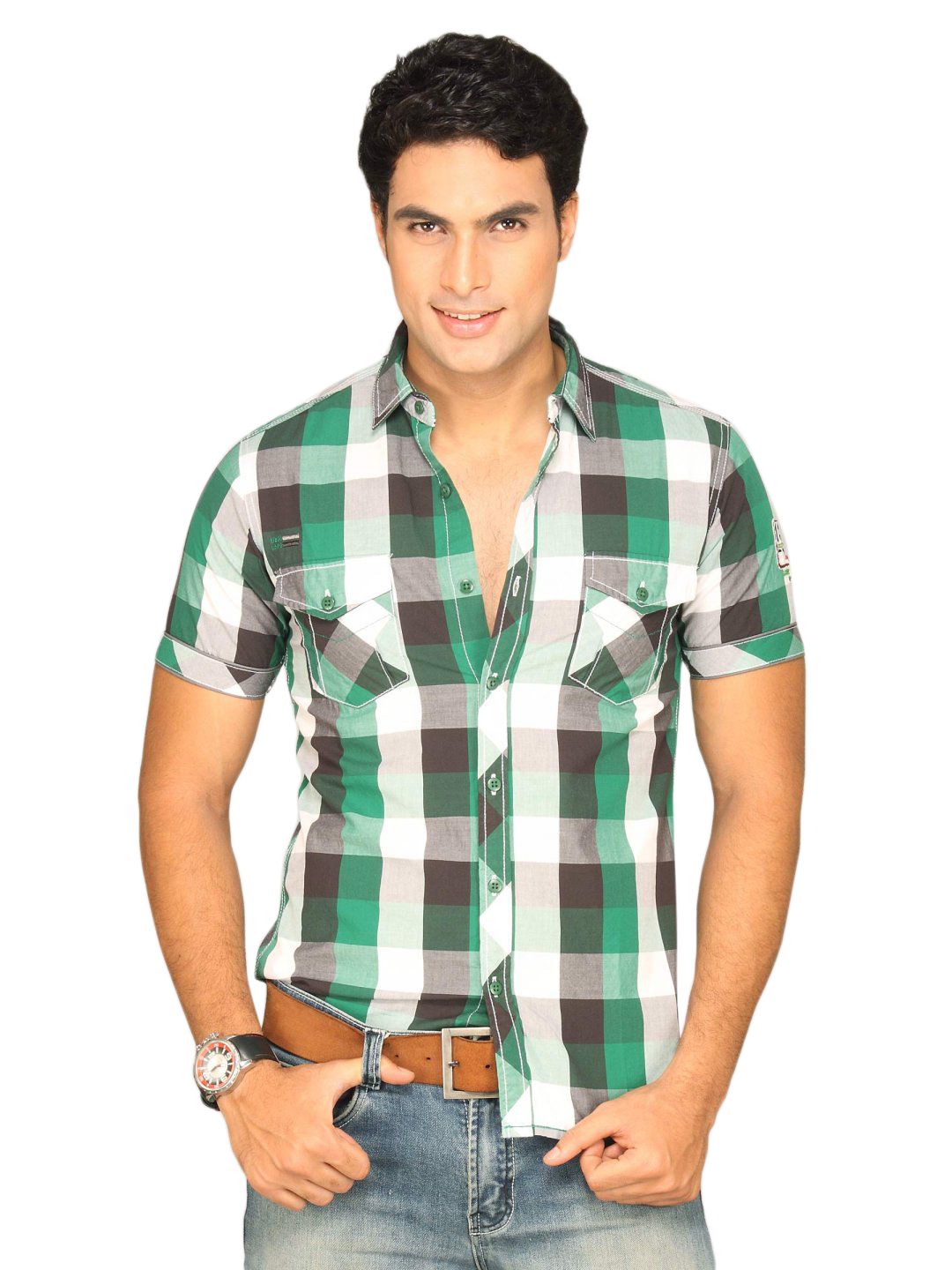 Locomotive Men Green Black White Checked Shirt