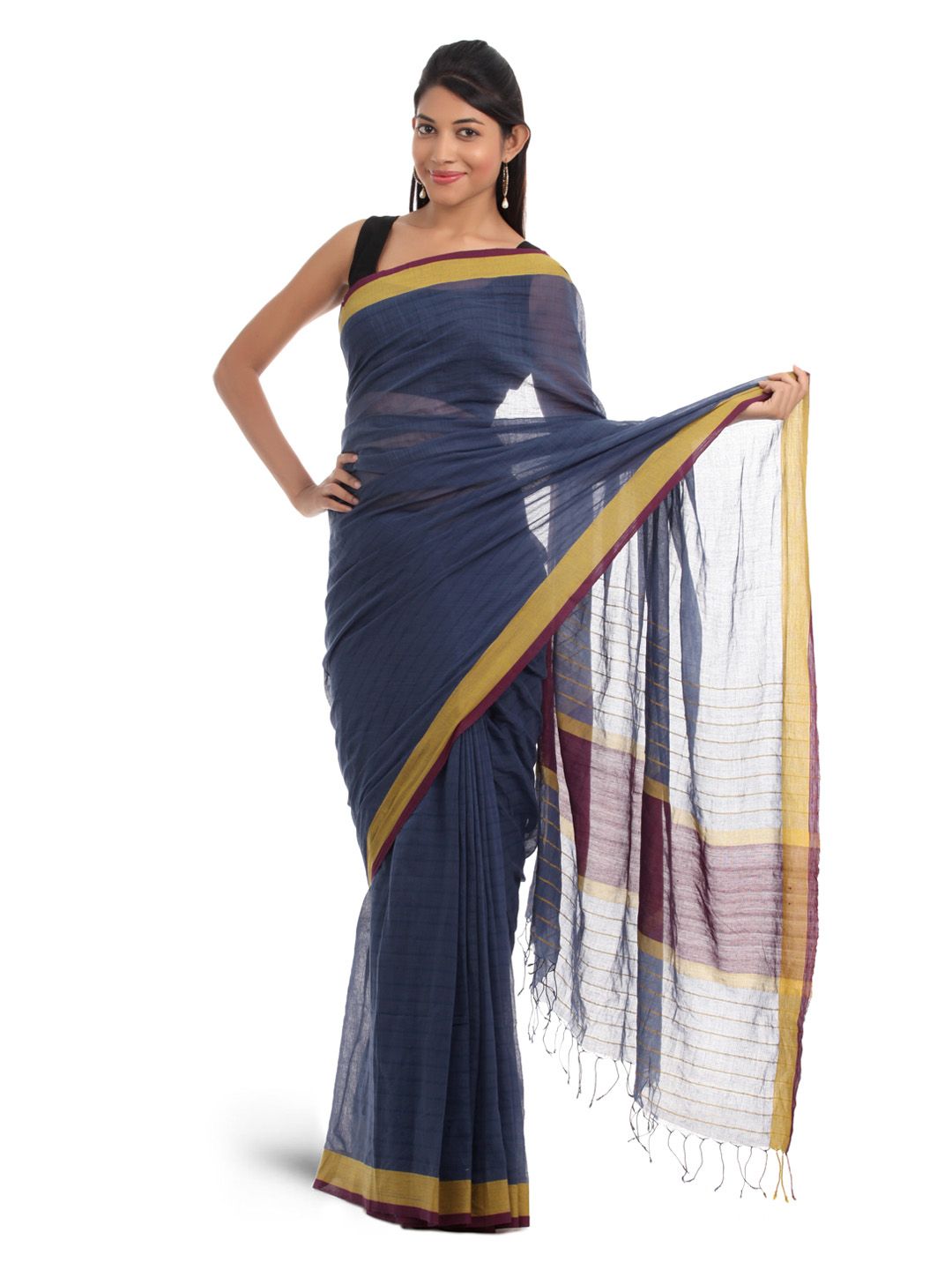 Fabindia Blue Self-Striped Saree