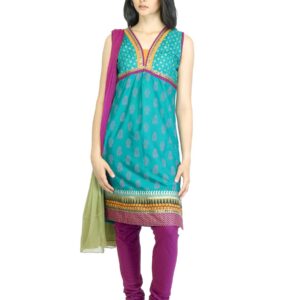 Vishudh Women Green & Purple Churidar Kurta with Dupatta