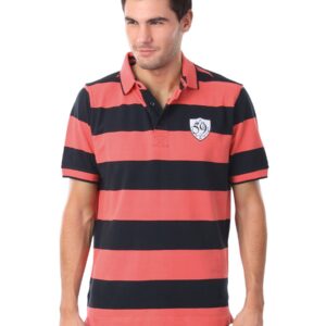 Wills Sport Men Navy Blue and Pink Striped T-shirt