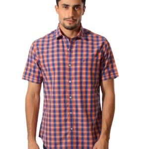 John Players Men Blue & Orange Check Shirt