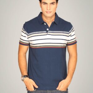 Basics Men Navy & White Striped Polo T-shirt