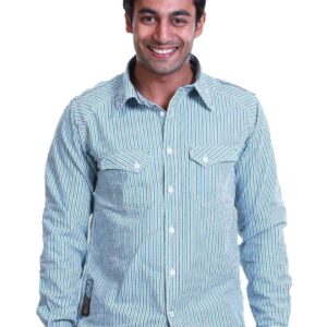 Basics Men Green & White Slim Fit Shirt