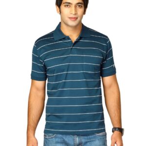 Proline Men Teal Blue Striped Polo T-shirt
